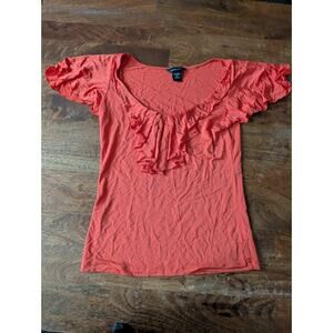 Moda International Size Small Women's Shirt Top Flutter Sleeve Red Stretcht EUC